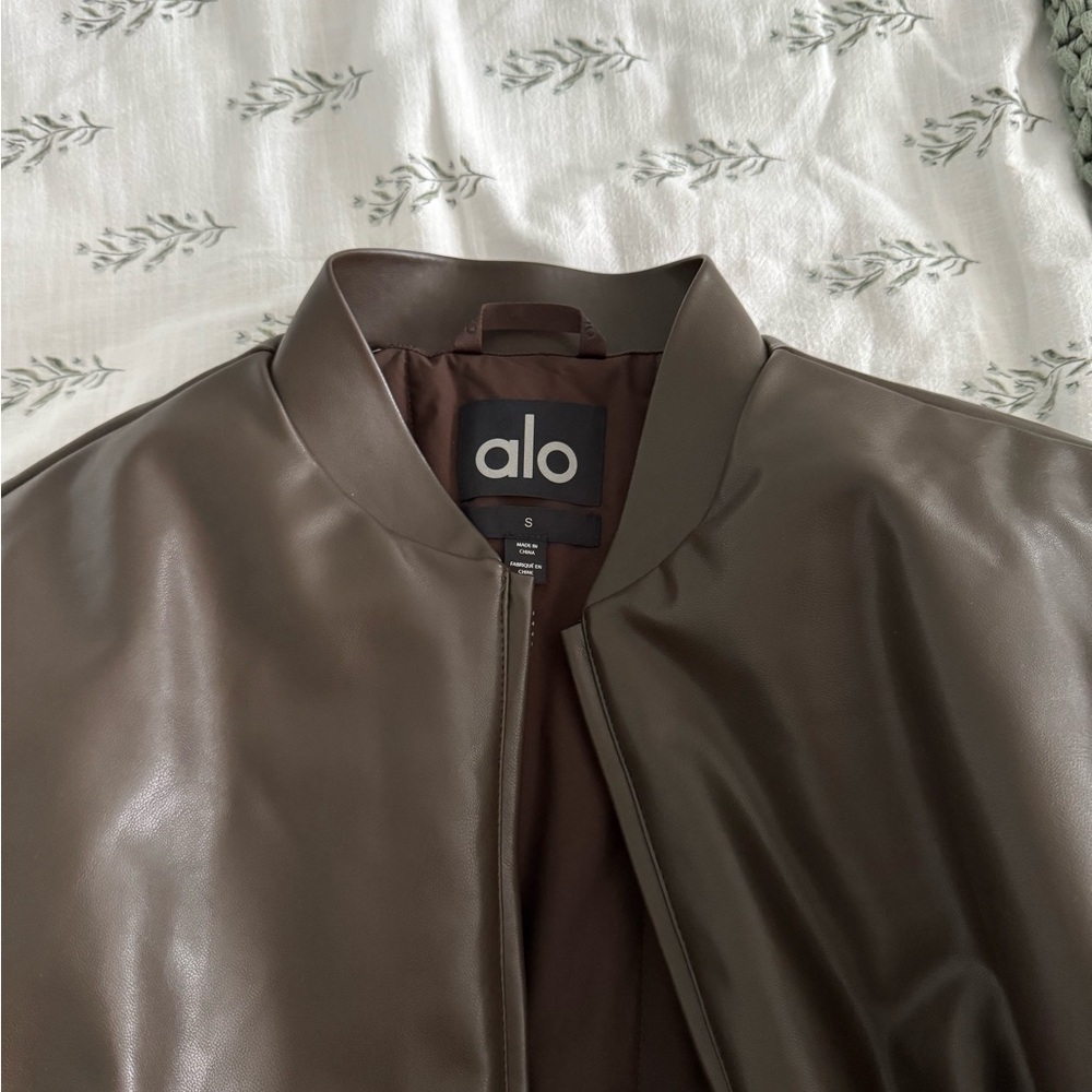 ALO Yoga Faux Leather Premier Bomber Jacket in Dark Olive Brown - Picture 3 of 7